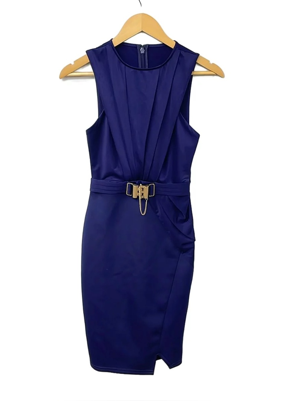 Sleeveless Navy Sheath Dress with Gold Buckle Belt